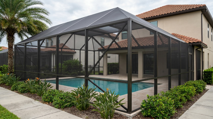 Pool cage after professional painting — flawless restored bronze finish