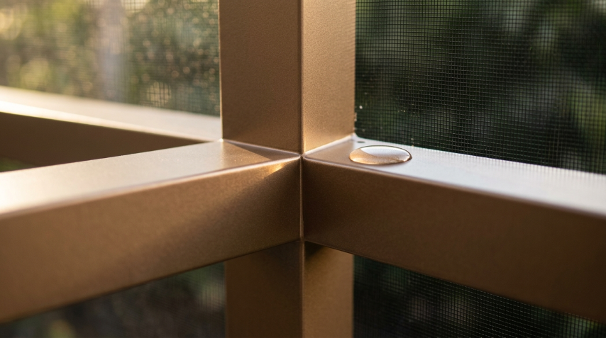 Close-up of freshly painted aluminum frame joint showing flawless satin finish