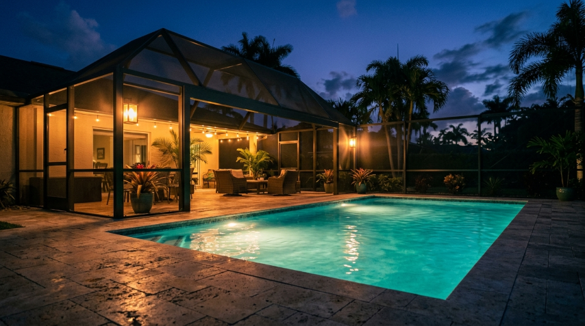 Freshly painted Florida pool cage with flawless bronze aluminum frame