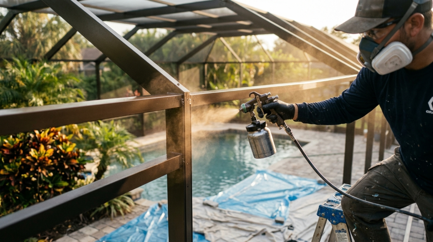 Professional painter applying HVLP spray coating to pool cage aluminum frame