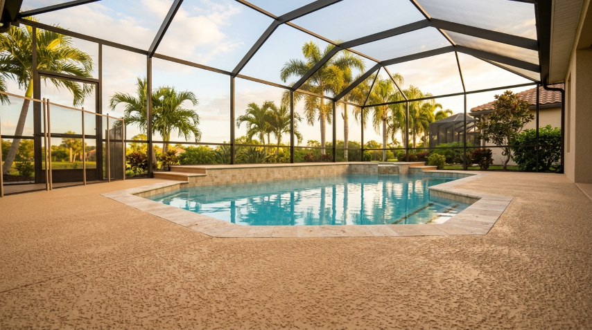 Newly painted Florida pool deck with fresh slip-resistant coating