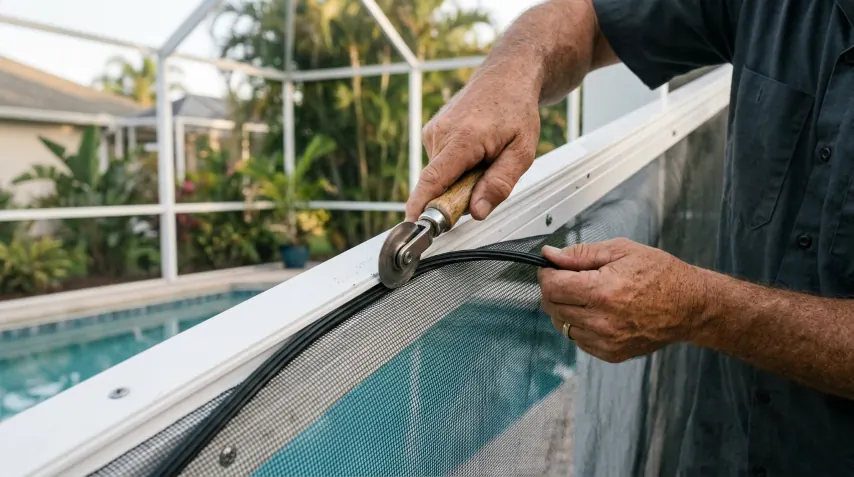 Technician repairing a single torn pool cage screen panel