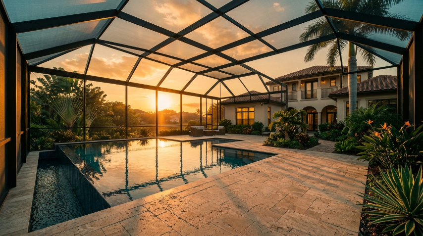 Completed pool cage painting — restored bronze aluminum frame at dusk