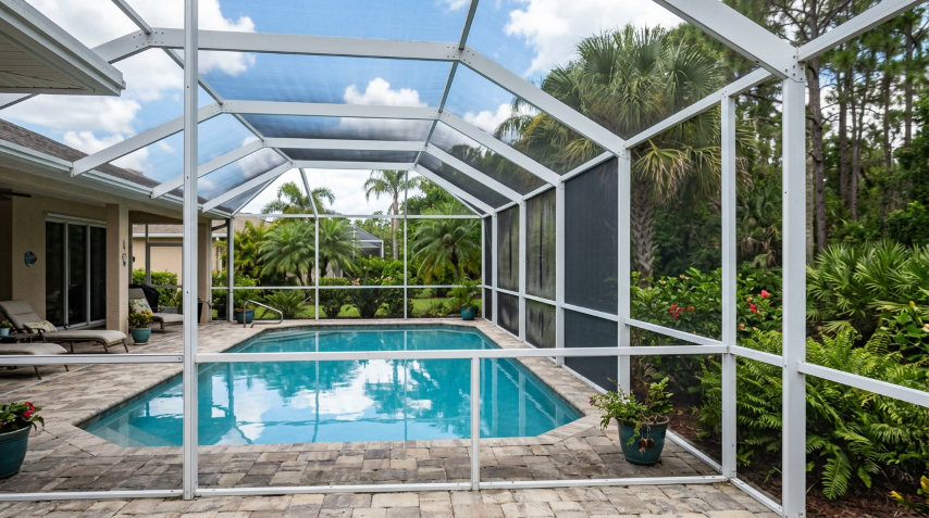 Freshly resurfaced Florida pool deck with cool-deck texture