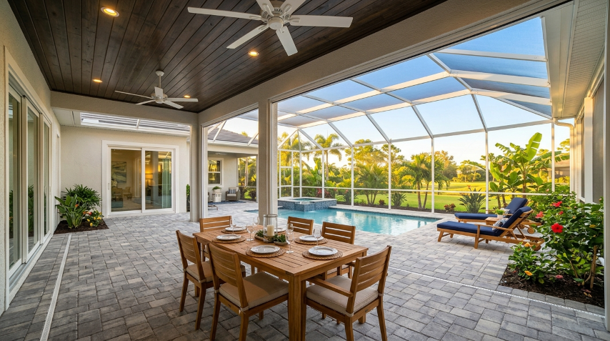 Newly screened Florida lanai with crisp mesh panels