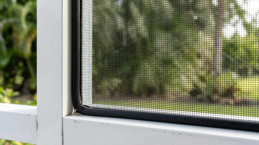 Close-up of a freshly screened lanai panel