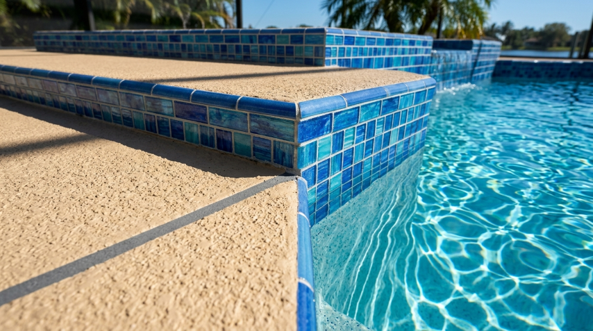 Close-up of a freshly painted pool deck surface