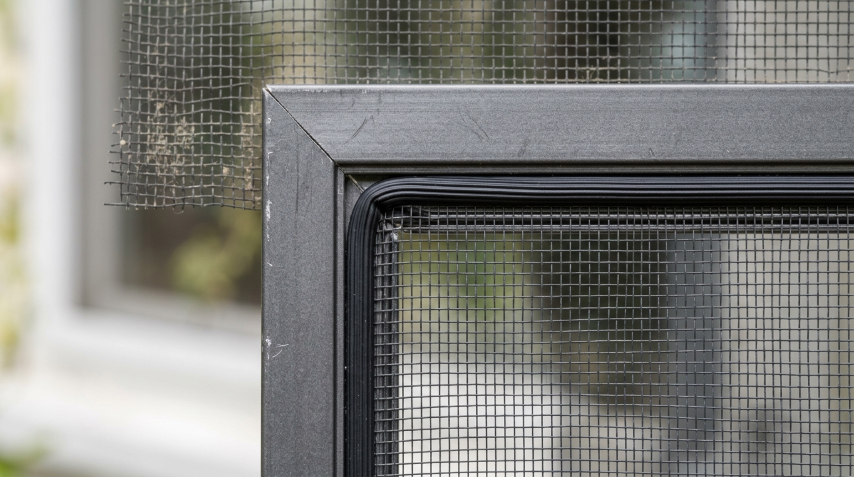 Close-up of a freshly patched screen panel with new spline
