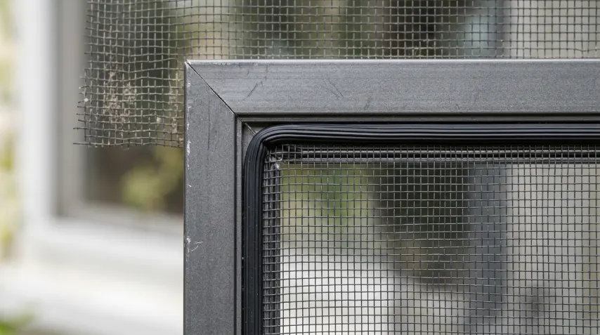Close-up of a freshly patched screen panel with new spline