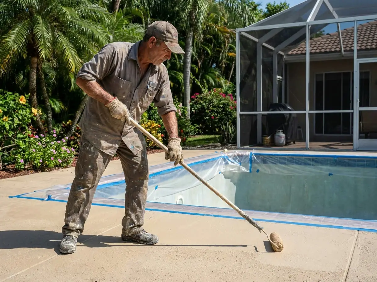Professional contractor rolling fresh deck coating onto a masked pool deck in a South Florida backyard