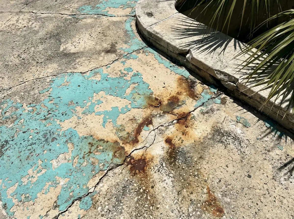 Old cracked and faded pool deck with peeling paint and rust stains before resurfacing in Florida