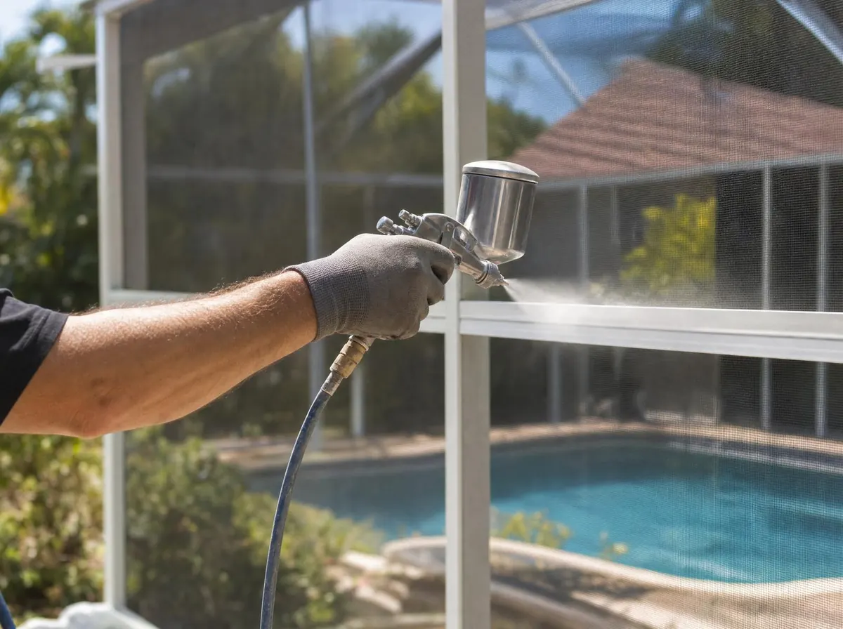 Professional crew spray-painting an aluminum pool cage frame in a South Florida backyard