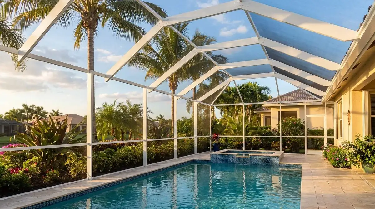Freshly repainted bright white pool cage enclosure over a backyard pool in South Florida