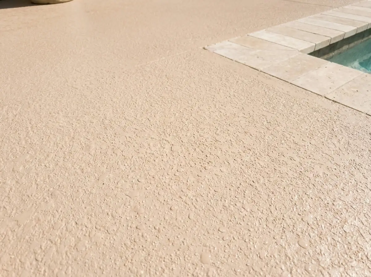 Close-up of a finished textured beige cool-deck pool coating beside the pool coping in South Florida