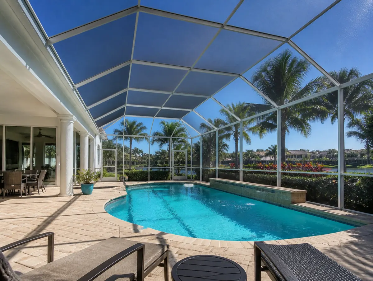 Freshly rescreened lanai pool enclosure in South Florida with drum-tight new screen mesh and clear views