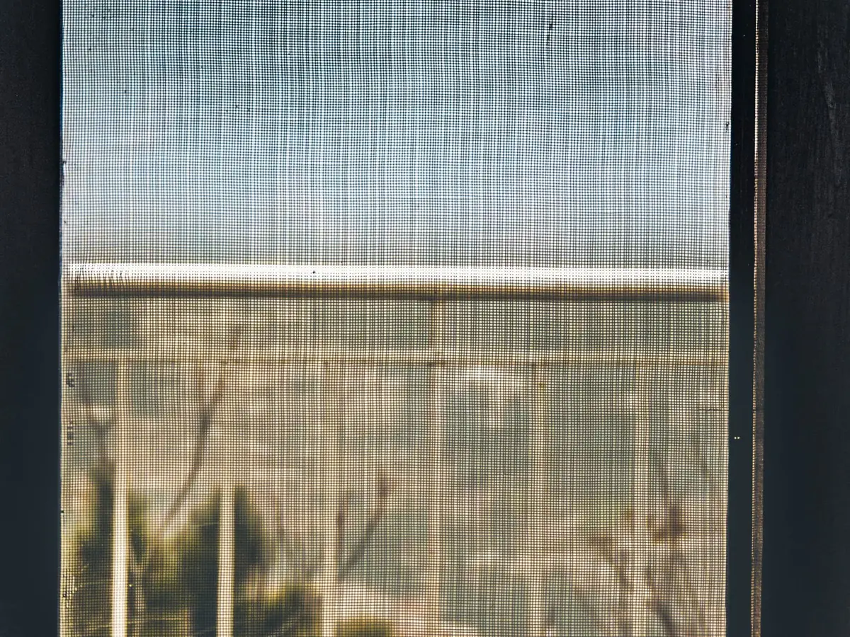 Close-up of aging pool screen mesh showing wear and lost tension